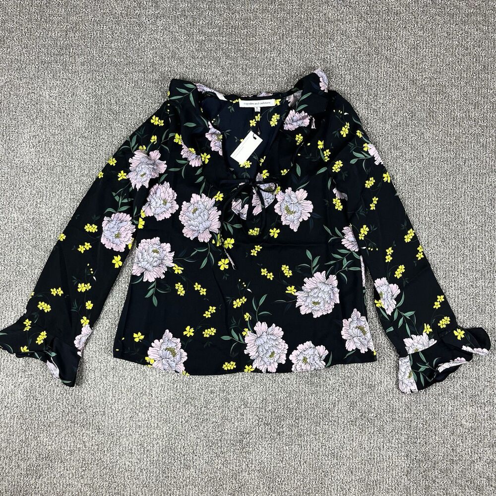 Cupcakes And Cashmere Top Womens Small Blouse Floral Ruffle Romantic Black